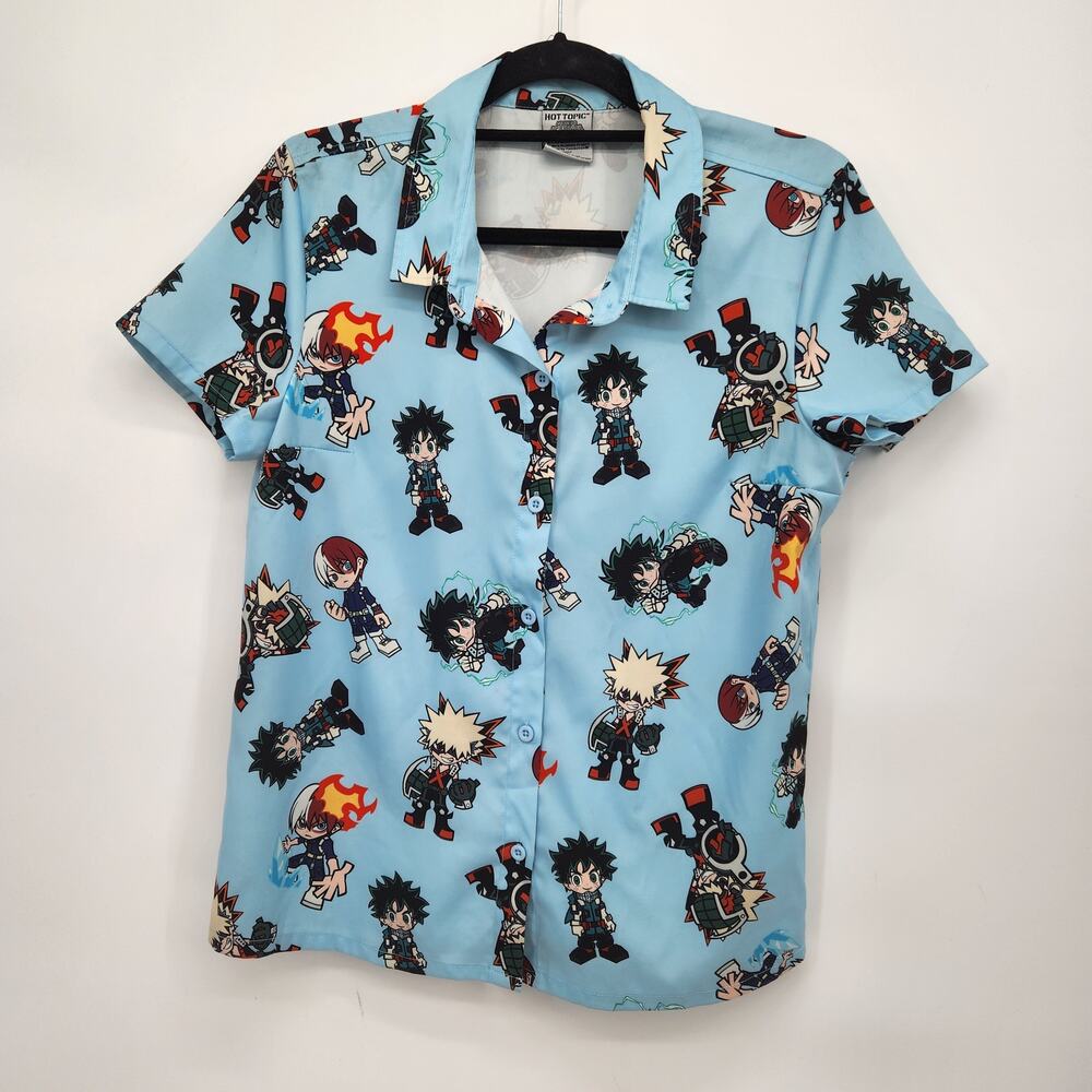 Hot Topic Blue My Hero Academia Chibi Heroes Woven Button up Shirt Women's M‎